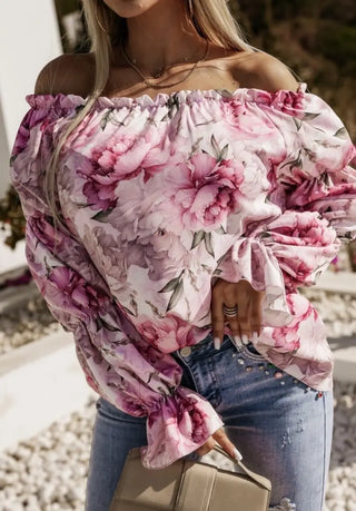 Smuk off-shoulder bluse med rosa blomster
