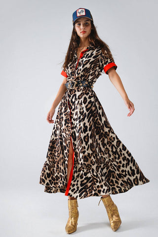 Maxi Leopard Button-Down Kjole Med Røde Detaljer - Tusind Tanker