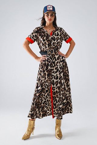 Maxi Leopard Button-Down Kjole Med Røde Detaljer - Tusind Tanker