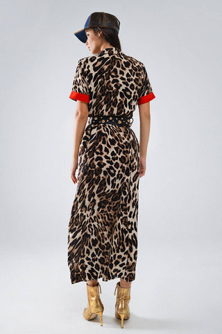Maxi Leopard Button-Down Kjole Med Røde Detaljer - Tusind Tanker
