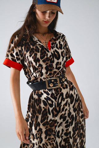 Maxi Leopard Button-Down Kjole Med Røde Detaljer - Tusind Tanker