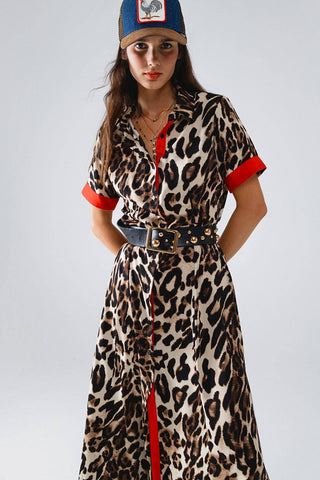 Maxi Leopard Button-Down Kjole Med Røde Detaljer - Tusind Tanker